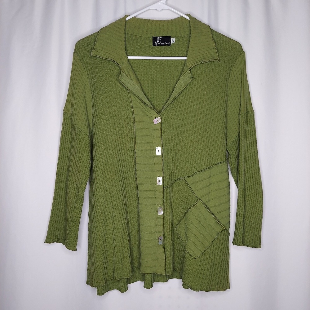Vtg Fenini Women Cardigan PM Ribbed Green Artsy Grunge Lagenlook Boho